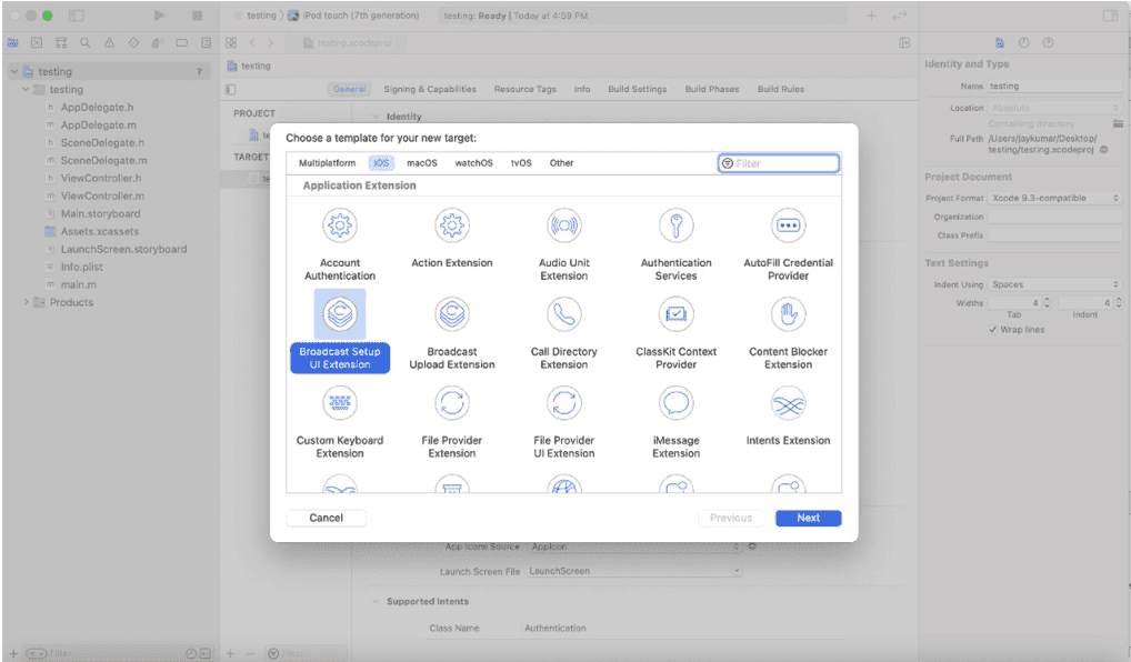 Adding a Broadcast Upload Extension target in Xcode