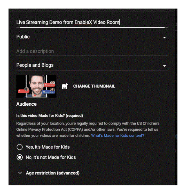 YouTube stream setup form
