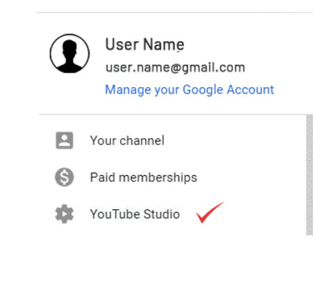 YouTube profile menu — navigate to YouTube Studio